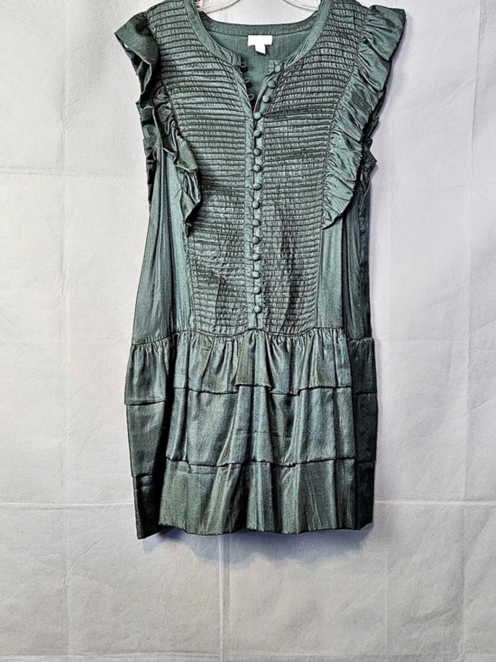 Vintage Ruffled Smocked-waist Button-front Mini Dress In Forest Green